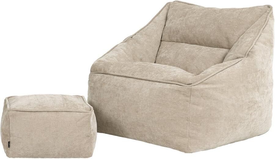 Icon Natalia Chenille Zitzakfauteuil met Poef Beige Zitzakstoel Volwassenen met Vulling Woonkamerzitzakken