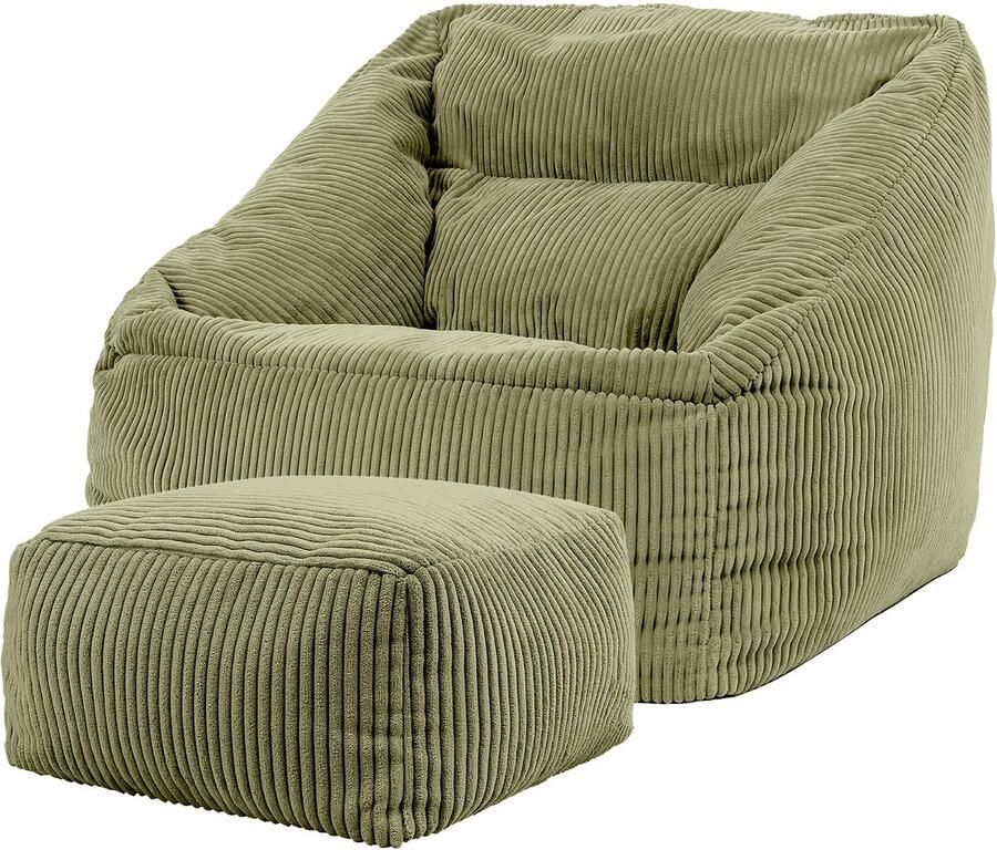 Icon Natalia XL Zitzak Fauteuil met Poef Ribfluweel Saliegroen
