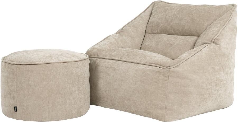 Icon “Natalia” Chenille Zitzak en Hocker Beige XXL Zitzakstoel Zitzakfauteuil Volwassenen met Vulling Woonkamerzitzakken