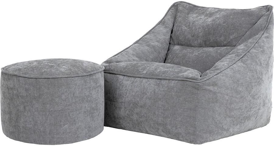 Icon “Natalia” Chenille Zitzak en Hocker Grijs XXL Zitzakstoel Zitzakfauteuil Volwassenen met Vulling Woonkamerzitzakken