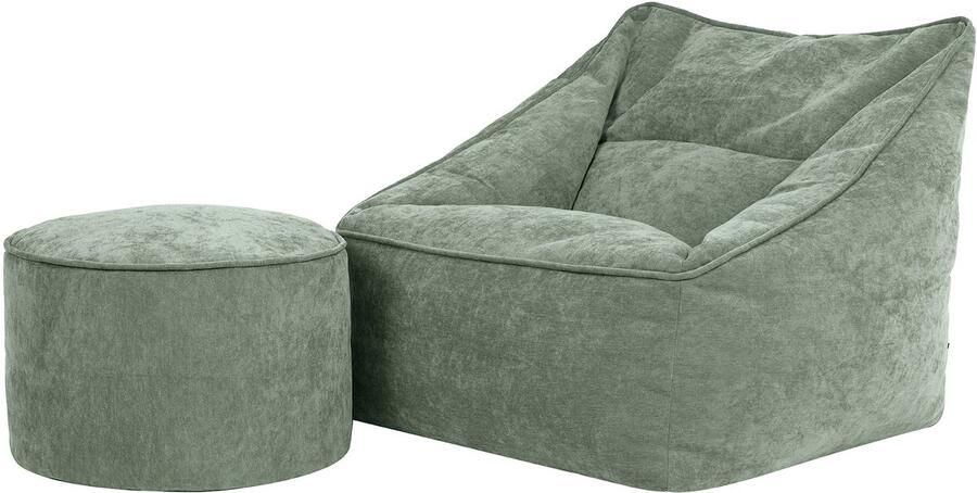 Icon “Natalia” Chenille Zitzak en Hocker Saliegroen XXL Zitzakstoel Zitzakfauteuil Volwassenen met Vulling Woonkamerzitzakken