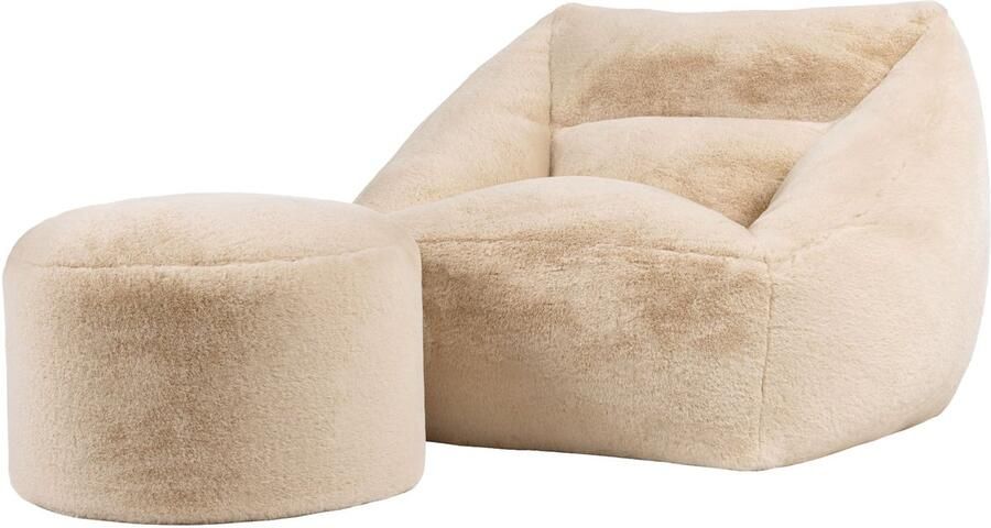 Icon Natalia XL Zitzak Fauteuil met Ronde Poef Fluffy Pluche Imitatiebont Beige