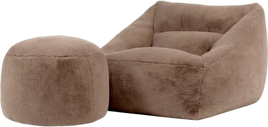 Icon Natalia XL Zitzak Fauteuil met Ronde Poef Fluffy Pluche Imitatiebont Mocha