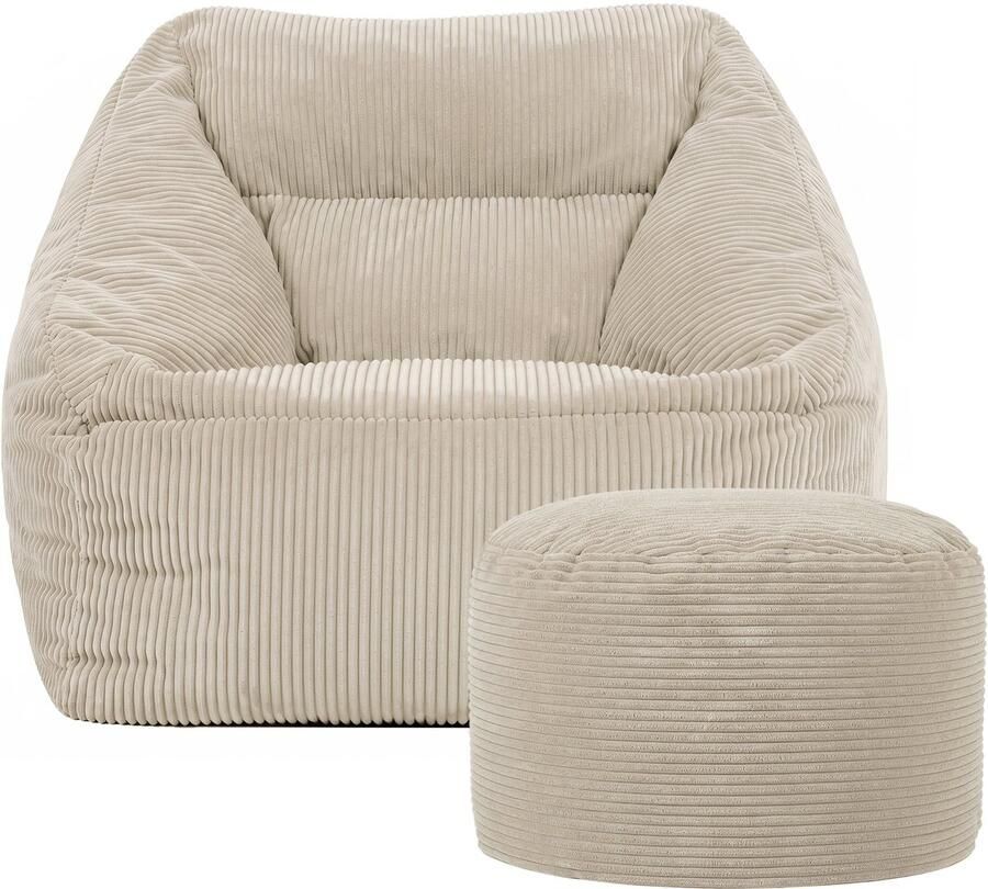 Icon “Natalia” Corduroy Zitzak en Hocker Beige XXL Zitzakstoel Zitzakfauteuil Volwassenen met Vulling Woonkamerzitzakken - Foto 2