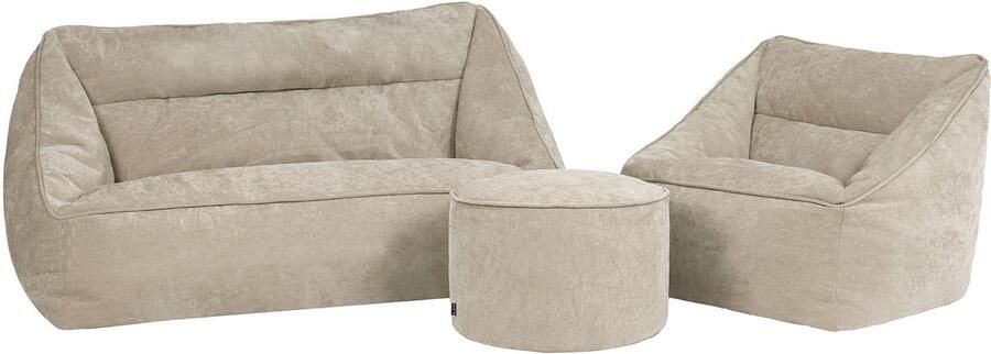 Icon Natalia Chenille Zitzak Bank met ronde Poef Beige XXL Zitzakstoel Volwassenen met Vulling Woonkamerzitzakken