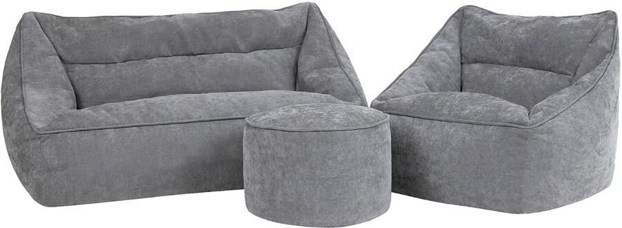 Icon Natalia Chenille Zitzak Bank met ronde Poef Grijs XXL Zitzakstoel Volwassenen met Vulling Woonkamerzitzakken