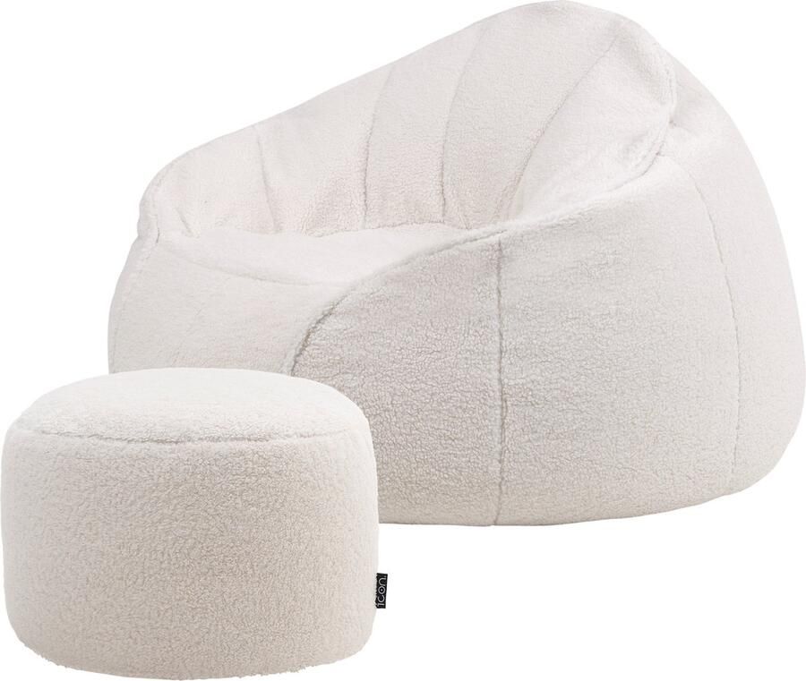 Icon Sherpa Zitzakstoel en Orso Poef van Fleece Crème XL Zitzak Volwassenen met Vulling Woonkamerzitzakken