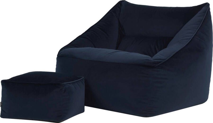 Icon “Natalia” Fluwelen Zitzakfauteuil en Hocker Middernachtblauw XXL Zitzakstoel Zitzak Volwassenen met Vulling Woonkamerzitzakken