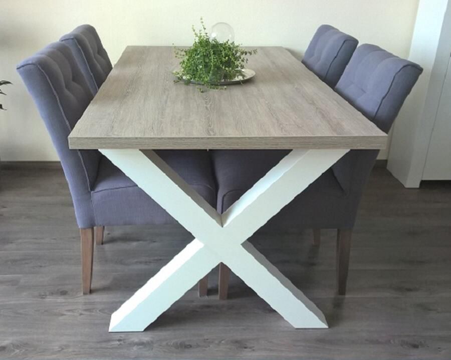 Ik Woon Modern Eettafel Milaan Kruispoot X poot Grijs Eiken Wit Onderstel 90 x 195 cm