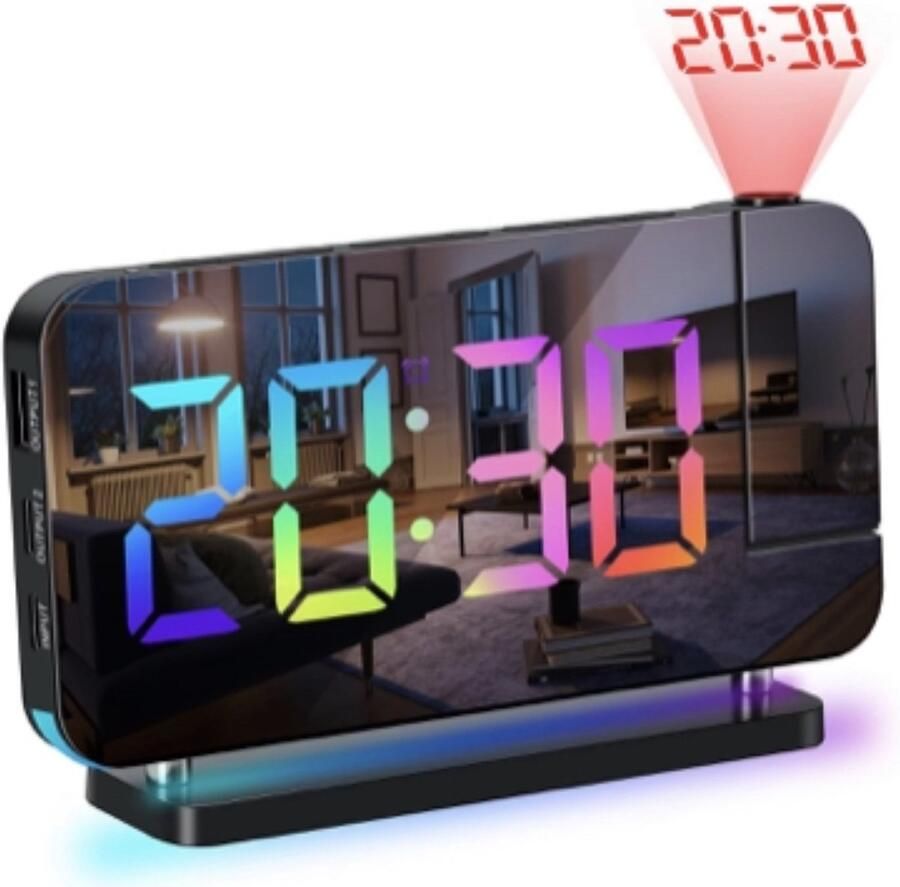 Ikello Digitale led kleuren spiegel wekker bureau klok met nachtlampprojector projectie voor thuis kantoor slaapkamer wekker kinderen- Projectiewekker Digitale klok Digitale wandklok Woonkamer