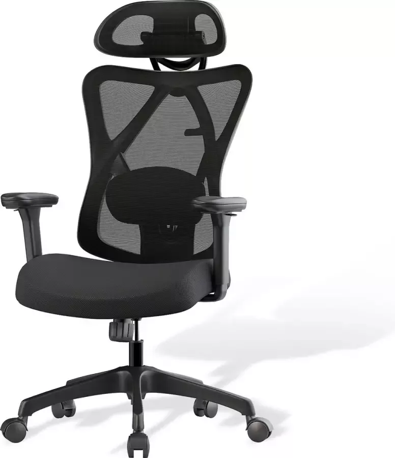 IKIDO Ergonomische Bureaustoel Computer Office Chair met Comfortabel dik Kussen en in Hoogte verstelbare Armleuningen Draaistoel met Neksteun Geschikt voor Volwassenen tot 150kg Belasting Zwart