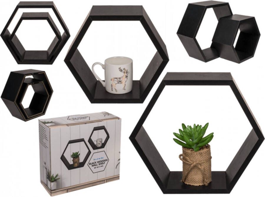 ILFAshopping Wandplank Wandrek Zwarte wandplank Modern set van 2 6 hoeken