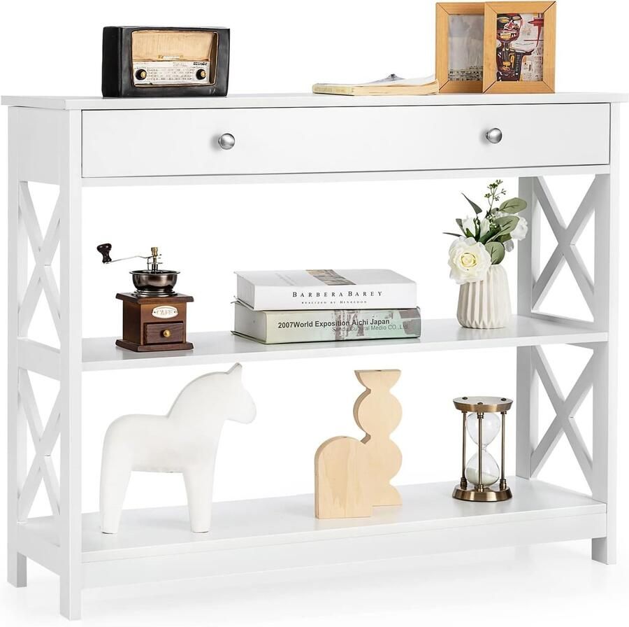 Imperatoris 3 Niveaus Consoletafel met 1 Laden en Staand Rek Haltafel met Lades Sidetable met Lades Wandtafel Console Tafel Dressoirtafel Sidetafel Bijzettafel Industrieel 30 x 100 x 80 cm Wit