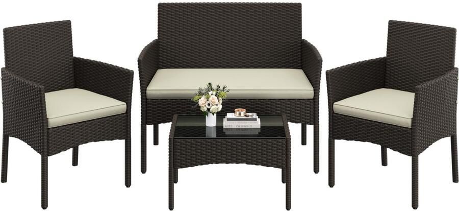 Imperatoris 4-delige Tuinmeubelset – Handgevlochten Polyrattan Balkonset met 2-Zits Sofa 2 Stoelen Salontafel en Wasbare Kussens – Bruin en Beige