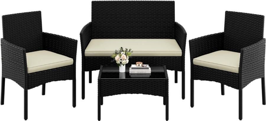 Imperatoris 4-delige Tuinmeubelset – Handgevlochten Polyrattan Balkonset met 2-Zits Sofa 2 Stoelen Salontafel en Wasbare Kussens – Zwart en Beige