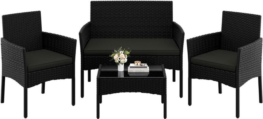 Imperatoris 4-delige Tuinmeubelset – Handgevlochten Polyrattan Balkonset met 2-Zits Sofa 2 Stoelen Salontafel en Wasbare Kussens – Zwart en Grijs