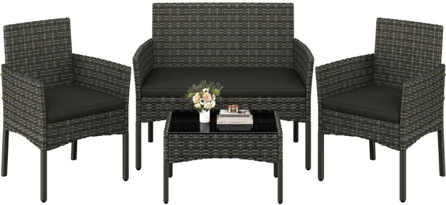 Imperatoris 4-delige Tuinmeubelset – Weerbestendige Polyrattan Balkonset met 2-Zits Sofa 2 Stoelen Salontafel en Wasbare Kussens – Grijs