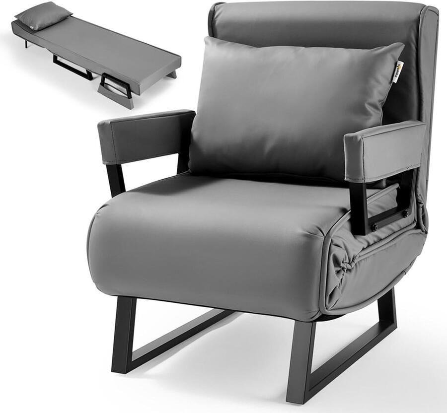 Imperatoris 4-in-1 Uitklapbare Slaapstoel 1 Persoons met Verstelbare Rugleuning en Kussen Slaapfauteuil Slaap Stoel met Slaapfunctie Stoelbed Zetelbed Vouwbed Slaapbank Logeerbed Belastbaar tot 200 kg 55 x 73 x 80 cm Grijs