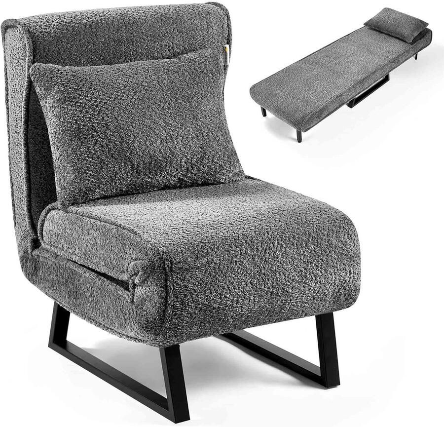 Imperatoris 4-in-1 Uitklapbare Slaapstoel 1 Persoons met Verstelbare Rugleuning en Kussen Fleece Slaapfauteuil Slaap Stoel met Slaapfunctie Stoelbed Zetelbed Vouwbed Slaapbank Logeerbed Bedbank 72 x 56 x 81 cm Grijs