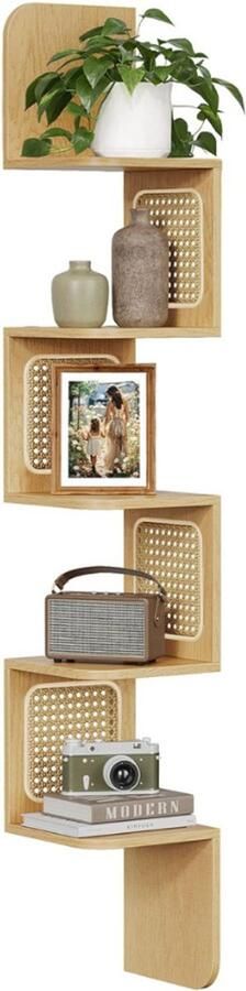 Imperatoris 5 Niveaus Wandplank Zwevend van PVC Rotan Wandrek Hoek Boekenplank Boekenrek Industrieel Muurplank Wandrek voor Slaapkamer 20 x 20 x 126 cm Oak Beige