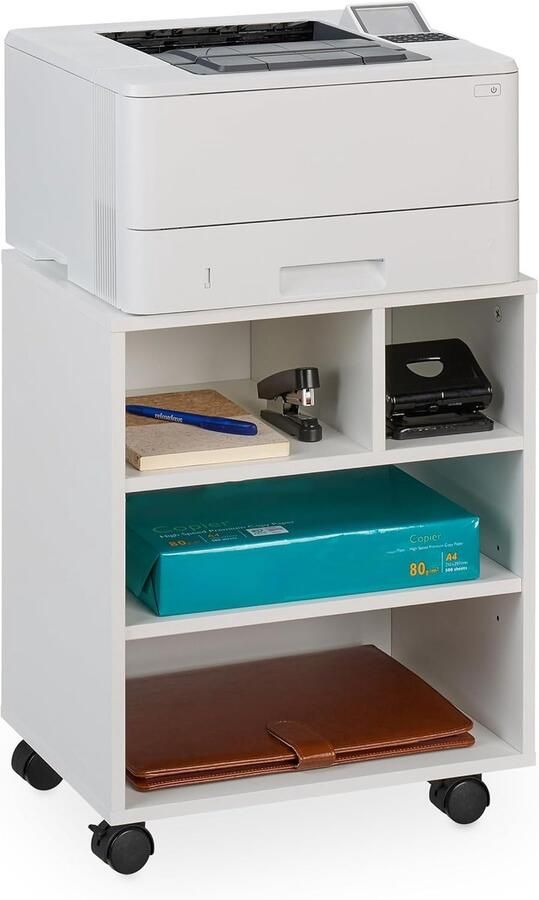 Imperatoris Archiefkast met Wielen en 4 Open Vakken Kantoorkast Ladeblok Bureau Dossierkast Bureaukast Opbergkast Voorraadkast Boekenkast Bijzettafel Armoire de Bureau 30 x 40 x 49 cm Wit