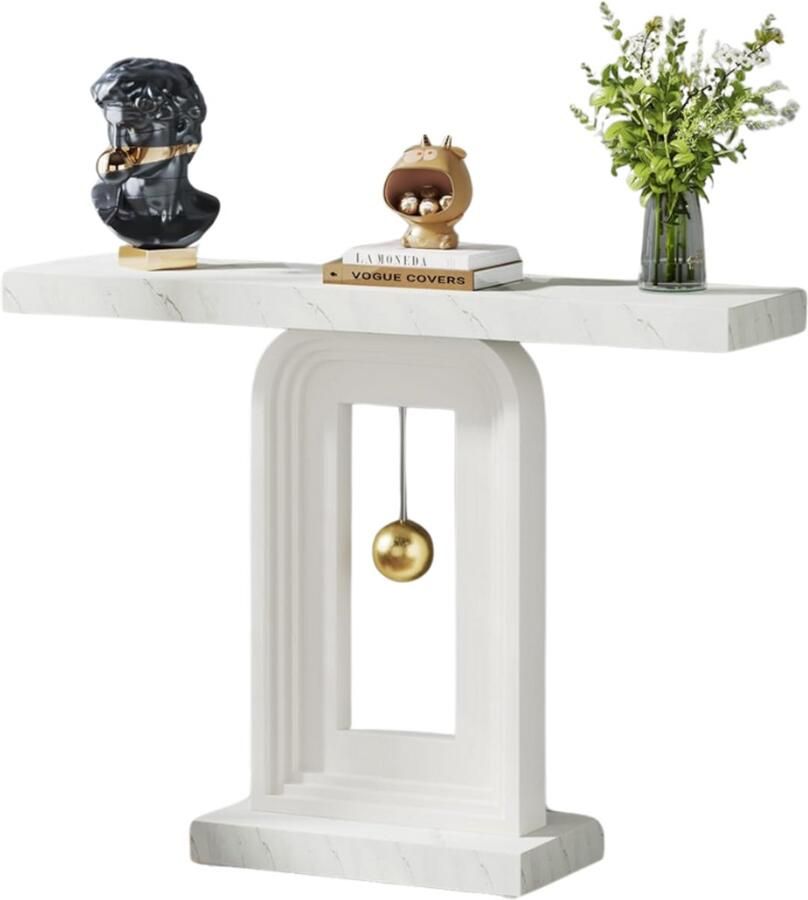 Imperatoris Eigentijdse Marmeren Consoletafel met Slinger Vorm Basis Haltafel Sidetable Wandtafel Console Tafel Dressoirtafel Sidetafel Bijzettafel Industrieel 100 x 30 x 82 cm Wit