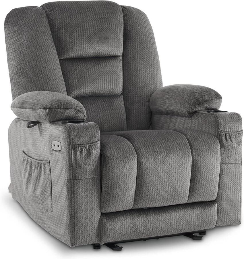 Imperatoris Elektrische Massagestoel met Verwarming USB en Bekerhouder – Comfortabele Relaxstoel met Ligfunctie en Massage – Luxe TV-Stoel van Zachte Stof in Grijs