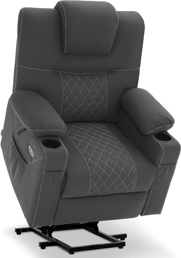 Imperatoris Elektrische Televisiestoel met Opstahulp en 2 Motoren – Luxe Massagestoel met Verwarming Afzonderlijk Verstelbare Rugleuning en Beensteun – Comfortabele Relaxstoel van Microvezel in Donkergrijs-Wit