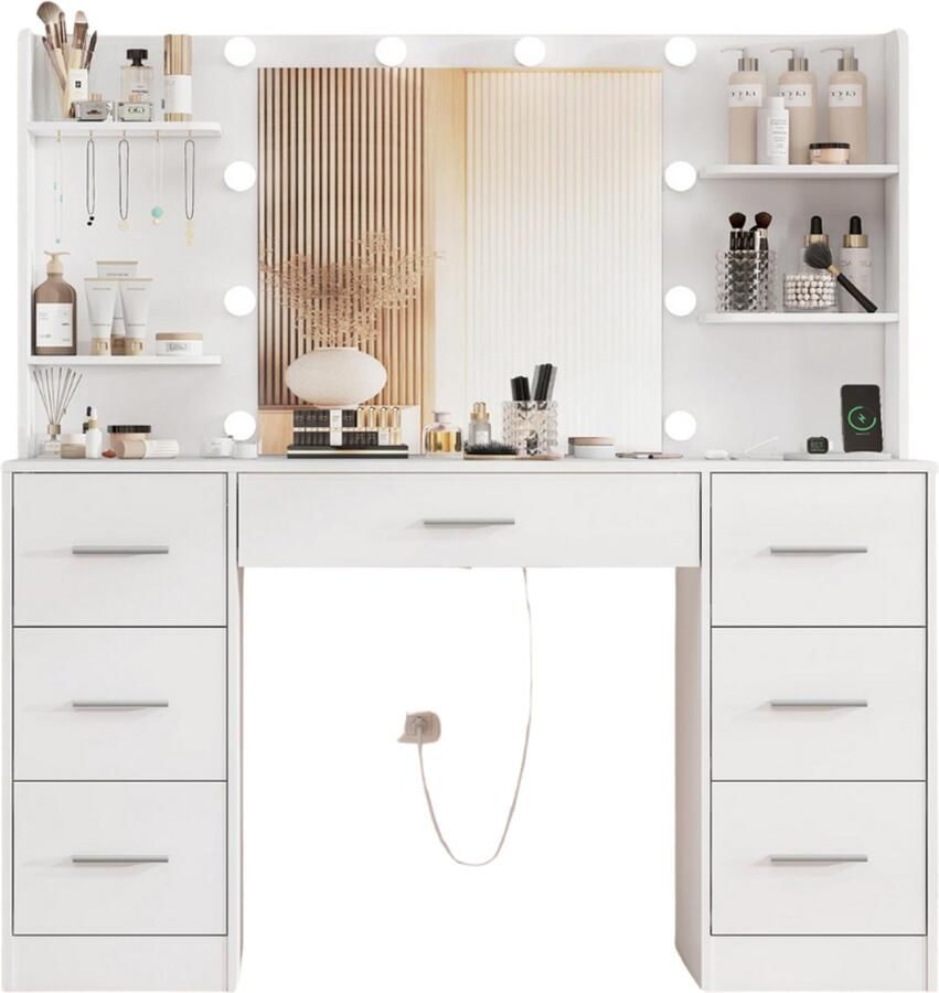 Imperatoris Grote Make-up Tafel met Spiegel en LED Verlichting – Verstelbare Helderheid 7 Lades 4 Open Opbergruimtes en 5 Juwelenhaken – Makeup Bureau met Stopcontacten voor Slaapkamer (Wit)