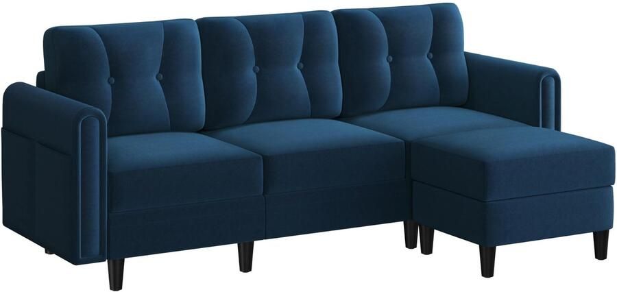 Imperatoris Hoekbank 3-Zits met Fluwelen Poef – L-vormige Sofa voor Woonkamer Slaapkamer en Thuis – Blauwe Kleur – Flexibele Zitoplossing