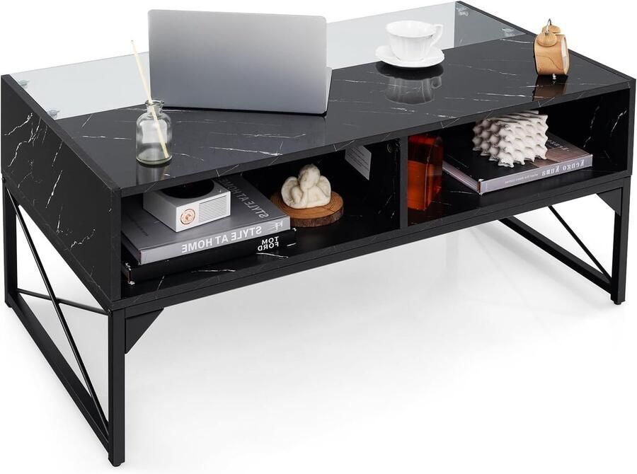 Imperatoris -kunstmatig Marmeren Salontafel- Eettafel met Metalen Poten Marmer Look tafel- Geschikt voor Eetkamers en Woonkamers Led-salontafel Afstandsbediening en 4 opbergvakken- zwart