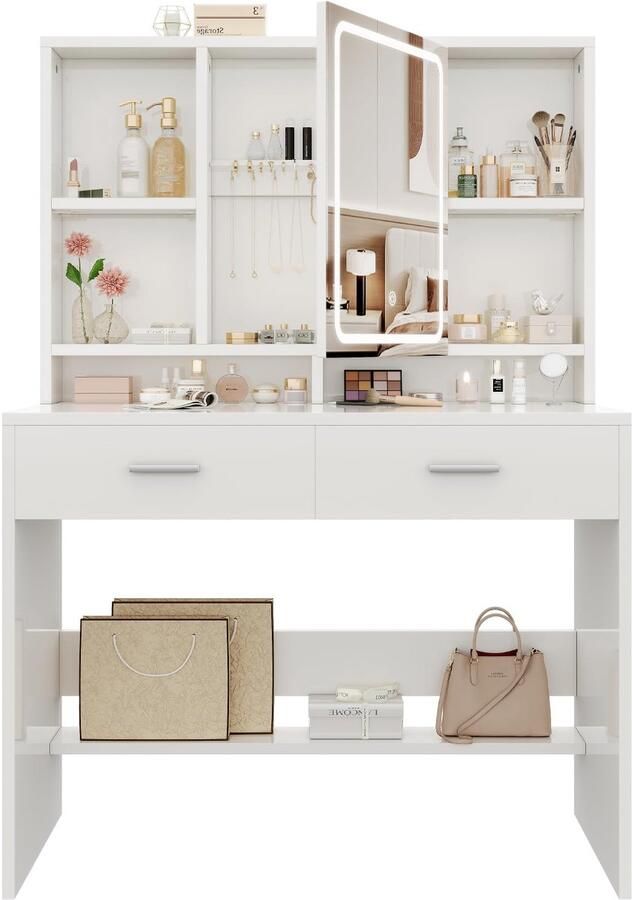 Imperatoris Make-up Tafel met Spiegel en LED Verlichting – 3 Lichtkleuren Verstelbare Helderheid 2 Lades Juwelenopslag en Open Planken – Modern Make-up Bureau voor Slaapkamer (90 x 40 cm)