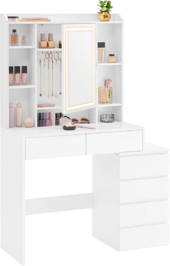 Imperatoris Make-up Tafel met Spiegel en LED Verlichting – Verstelbare Helderheid 2 Lades 7 Open Opbergruimtes en Verstelbare Planken – Modern Make-up Bureau White