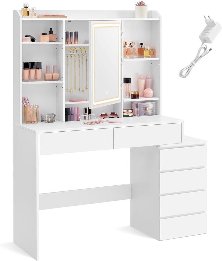 Imperatoris Make-up Tafel met Spiegel en LED Verlichting – Verstelbare Helderheid 2 Lades 7 Open Opbergruimtes en Verstelbare Planken – Modern Make-up Bureau White