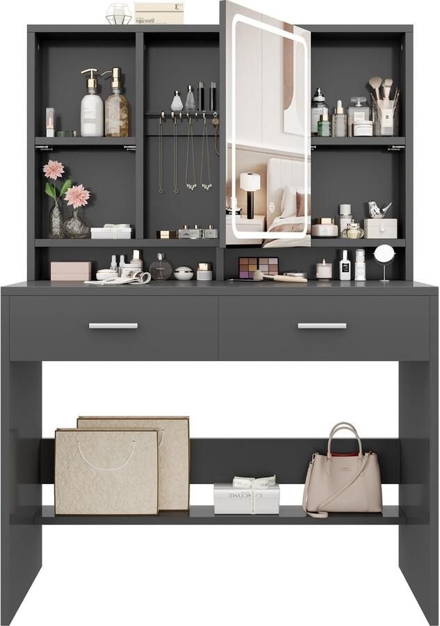 Imperatoris Make-up Tafel met Spiegel en LED Verlichting – Verstelbare Helderheid 3 Lichtkleuren 2 Lades en Open Opbergruimtes – Moderne Make-up Bureau voor Slaapkamer (Zwart)