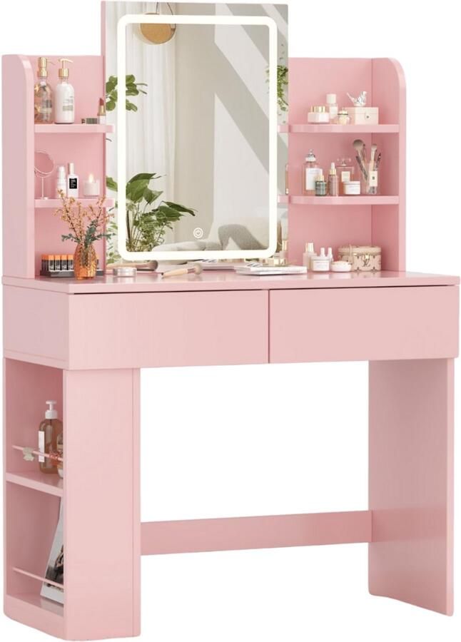 Imperatoris Make-up Tafel met Spiegel en LED Verlichting – Verstelbare Verlichting 2 Lades 4 Open Opbergruimtes en Poef – Modern Make-up Bureau voor Slaapkamer (Roze)