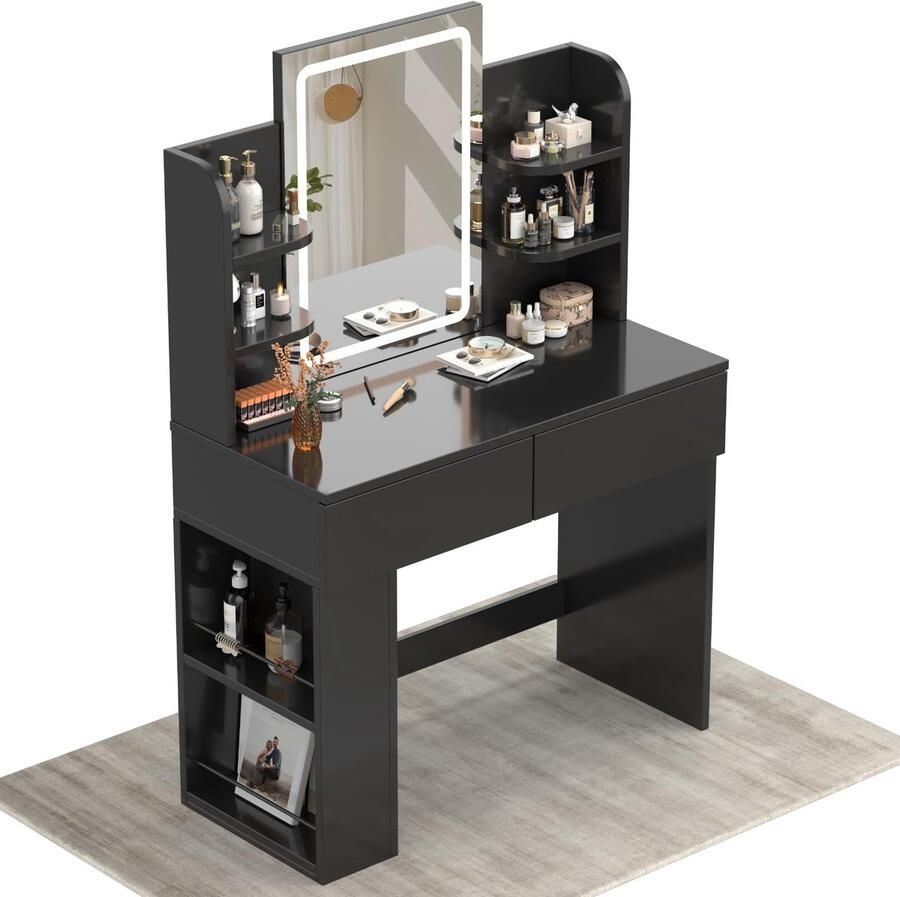 Imperatoris Make-up Tafel met Spiegel en LED Verlichting – Verstelbare Verlichting 2 Lades en 4 Open Opbergruimtes – Modern Make-up Bureau voor Slaapkamer en Kledingkamer (Zwart)