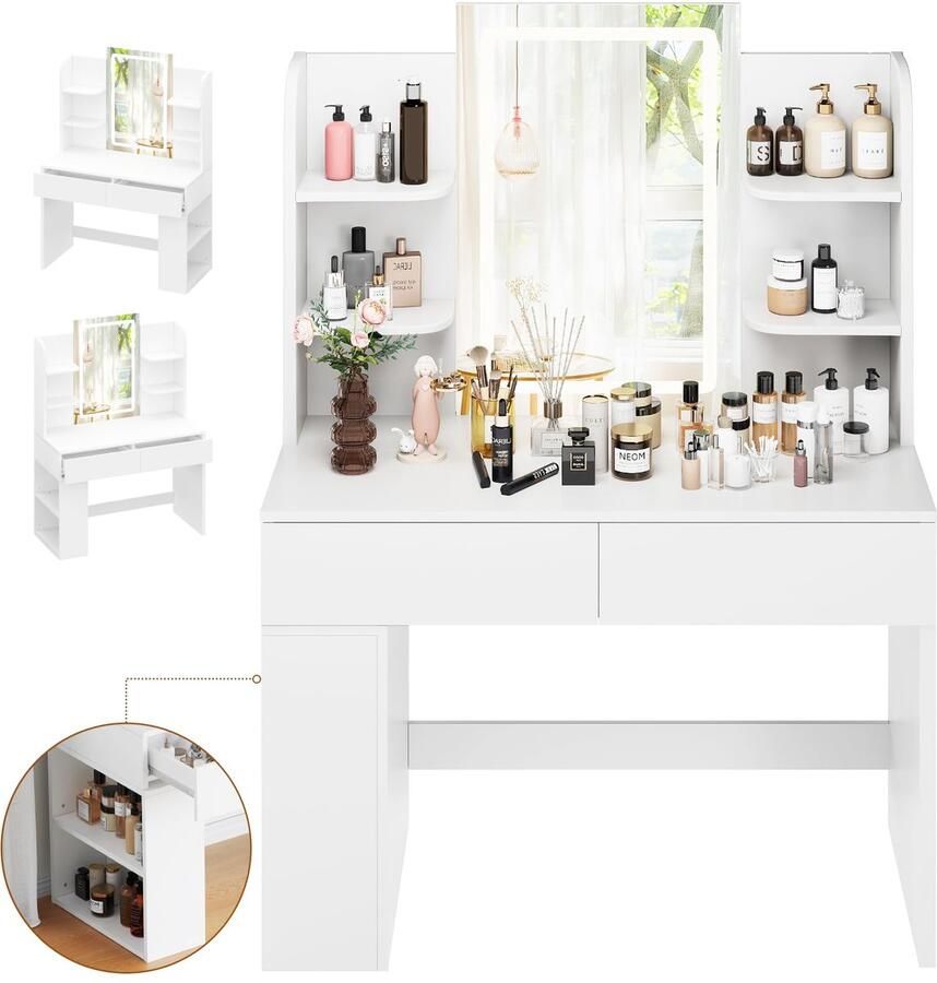 Imperatoris Make-up Tafel met Spiegel en LED Verlichting – Verstelbare Verlichting 2 Lades en 4 Opbergruimtes – Modern Make-up Bureau voor Slaapkamer en Kledingkamer (Wit)
