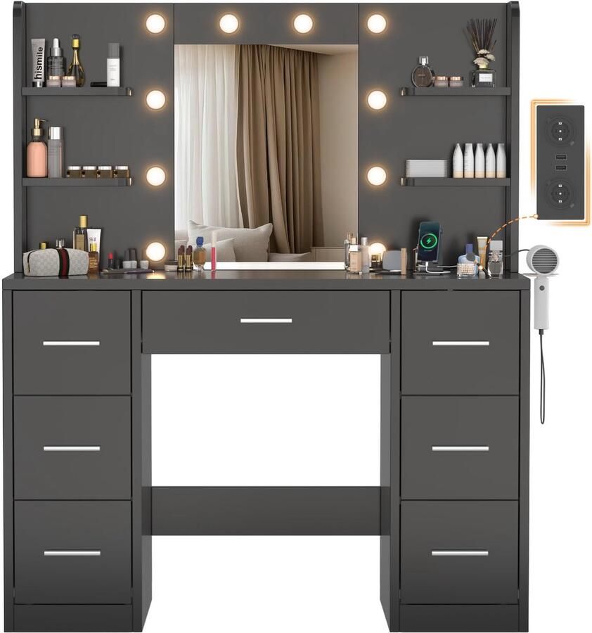 Imperatoris Make-up Tafel met Spiegel LED Verlichting en Stopcontact – Dressing Tafel met 7 Lades en 6 Open Opbergruimtes – Modern Make-up Bureau voor Slaapkamer en Kledingkamer (Zwart)