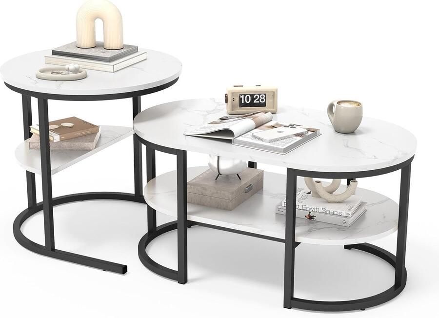Imperatoris Marmeren Salontafels- Eettafel met Metalen Poten Marmer Look tafel met Marmeren Afwerking Geschikt voor Eetkamers en Woonkamers-Set van 2 ronde en ovale zwart en wit