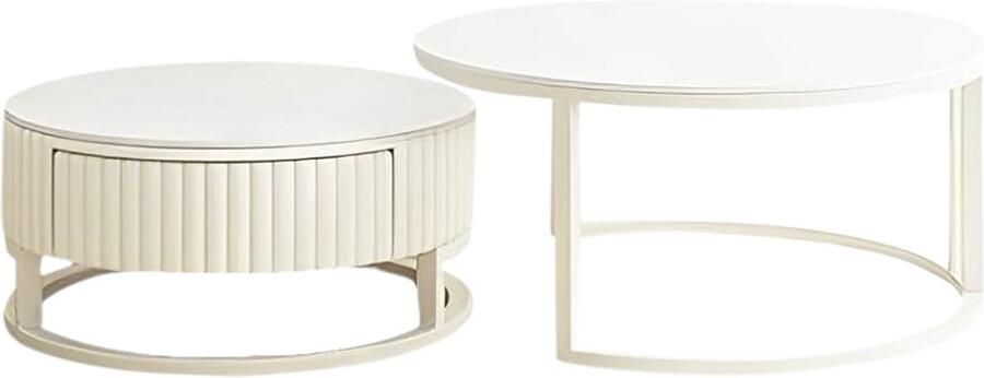 Imperatoris Marmeren Salontafels- Eettafel met Metalen Poten Marmer Look tafel Set met Marmeren Afwerking Geschikt voor Eetkamers en Woonkamers-Set van 2 ronde tafel met laden- wit