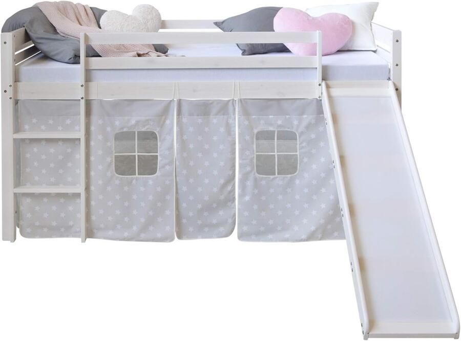 Imperatoris Massief Houten Kinderbed Moderne Stijl Peuterbed- Babybed voor Ki- Veilige Slaapomgeving Meisjes en Jongens -Jeugdbed- Kinderbed voor Woonkamer glijbaan trap met gordijn-Dennenhout- wit 200x90 cm