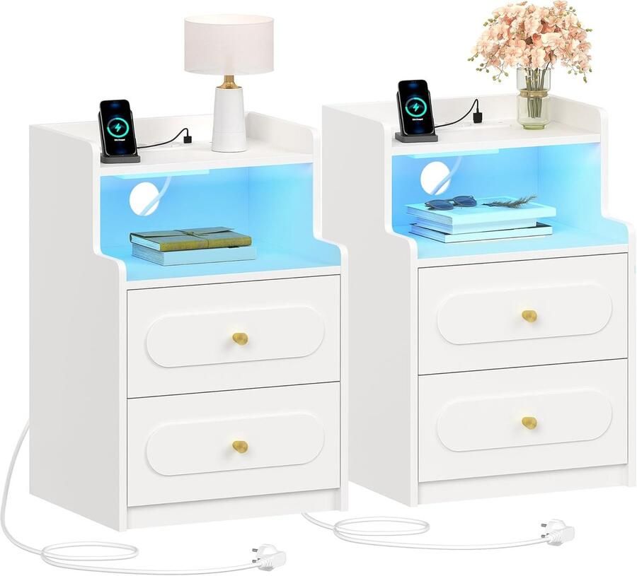 Imperatoris Nachtkastjes Industrieel nachtkastje met ledverlichting Nachtkastjes met lades met oplaadfunctie 40x35x59 cm Wit