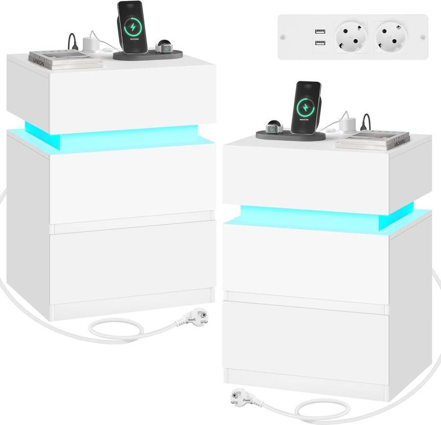 Sierra Set van 2 nachtkastjes met laadstation aangesloten nachtkastje led-nachtkastje 2 stopcontacten 2 USB-poorten 2 laden 1 vak met deur wit