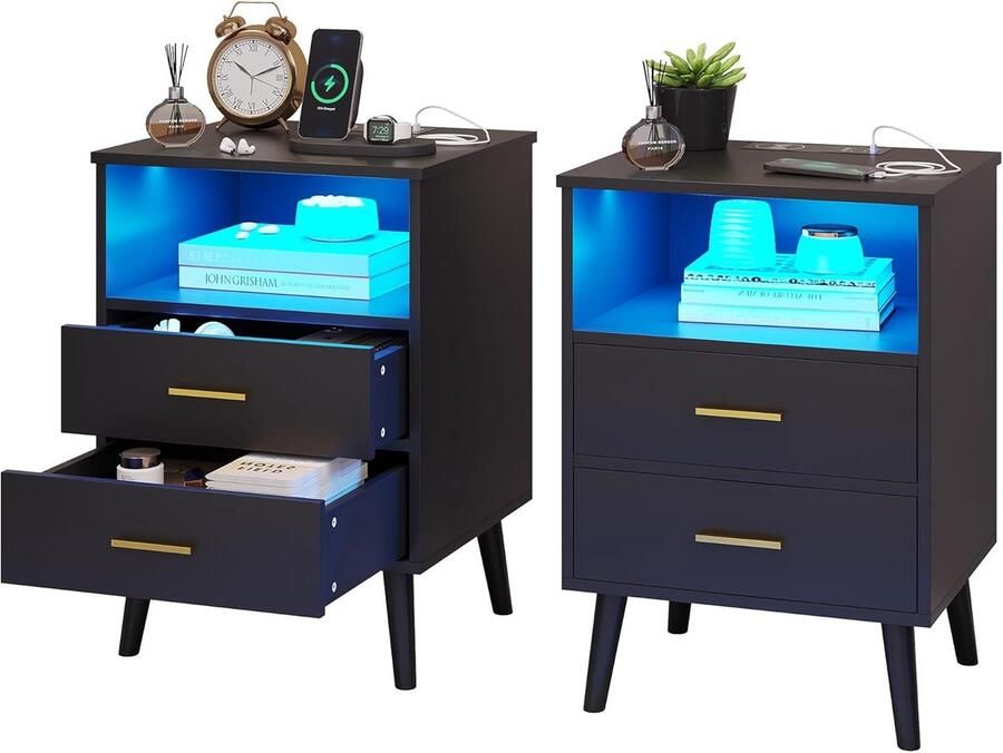 Imperatoris Nachtkastjes Industrieel nachtkastje met ledverlichting Nachtkastjes set van 2 met lades met oplaadfunctie 45x39 8x50 cm Zwart