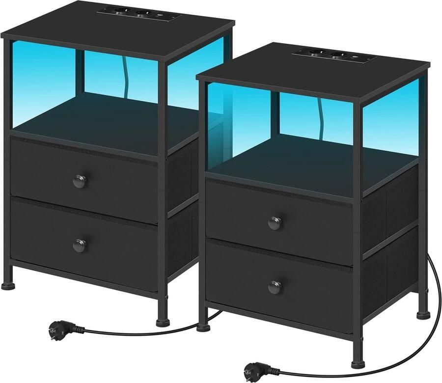 Imperatoris Nachtkastjes Industrieel nachtkastje met ledverlichting Nachtkastjes set van 2 met lades met oplaadfunctie 40x30x60 cm Zwart