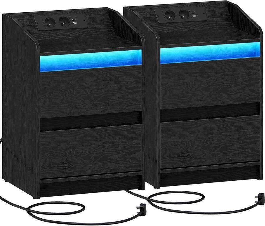 Imperatoris Nachtkastjes Industrieel nachtkastje met ledverlichting Nachtkastjes set van 2 met lades met oplaadfunctie 40x35x58 cm Zwart