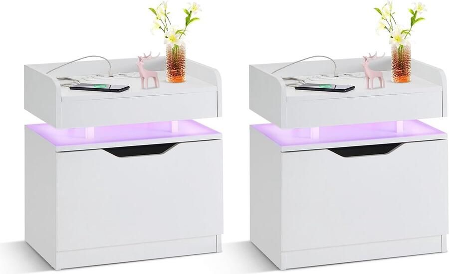 Imperatoris Nachtkastjes Industrieel nachtkastje met ledverlichting Nachtkastjes set van 2 met lades met oplaadfunctie 50x35x55.5 cm Wit