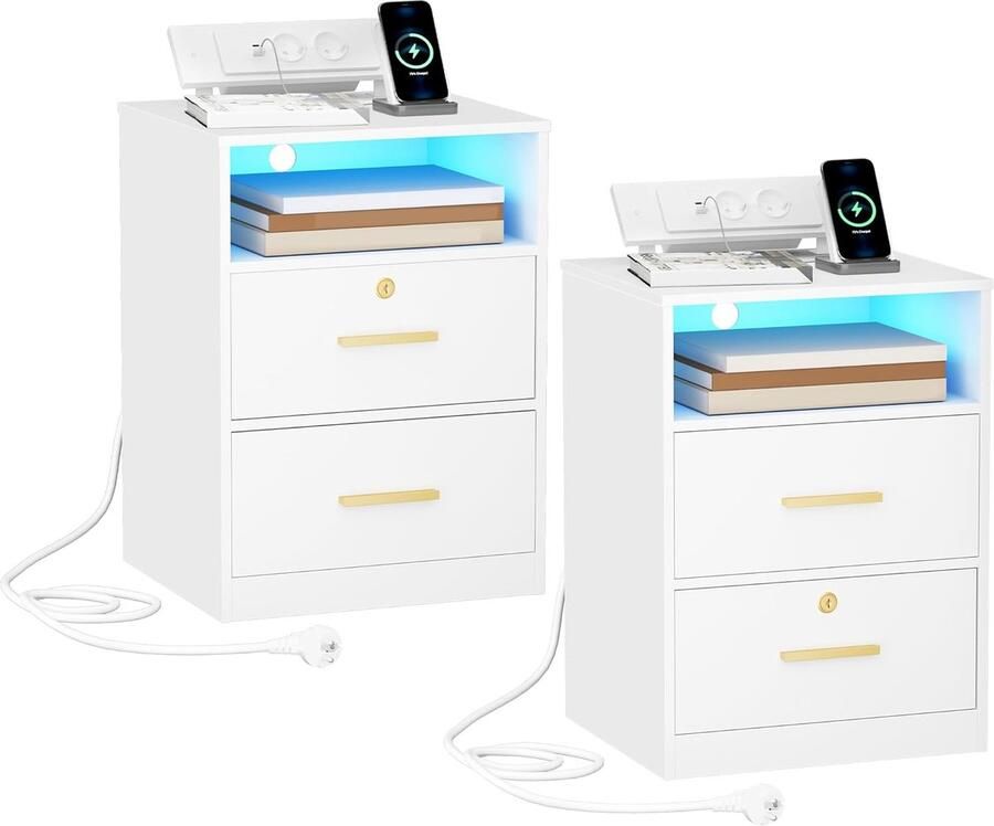 Imperatoris Nachtkastjes Industrieel nachtkastje met ledverlichting Nachtkastjes set van 2 met lades met oplaadfunctie 40x35x55 cm Wit