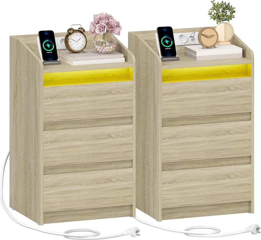 Imperatoris Nachtkastjes Industrieel nachtkastje met ledverlichting Nachtkastjes set van 2 met lades met oplaadfunctie 40x35x68 cm Eiken kleuren